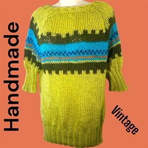 Hand made green and olive drab sweater. Soft. Pattern same on front and back.